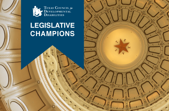 White text over blue banner. The top has the TCDD logo and the text reads: Legislative Champions. The background is the image of the Texas Capitol Building.