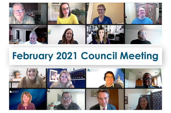 2x4 row of zoom individuals in a meeting on top. The center text is in blue and reads February 2021 Council Meeting. 2x4 row of zoom individuals in a meeting on bottom.