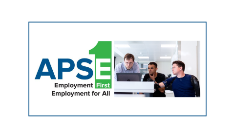 APSE Logo in green and blue. To the right, three men work around a laptop. One of the men is using a wheelchair.