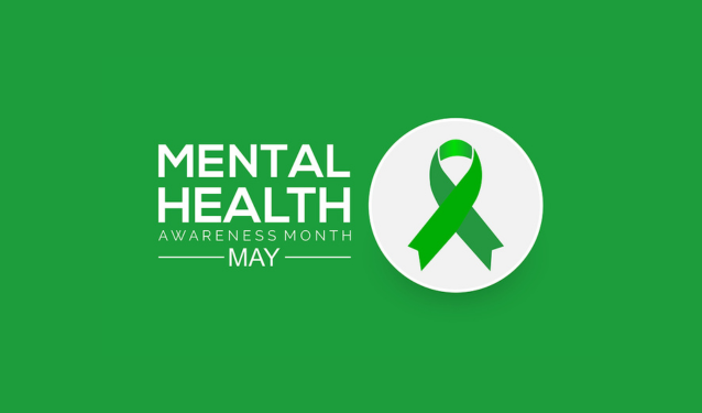 May is Mental Health Awareness Month. Green and white graphic with a green awareness ribbon.