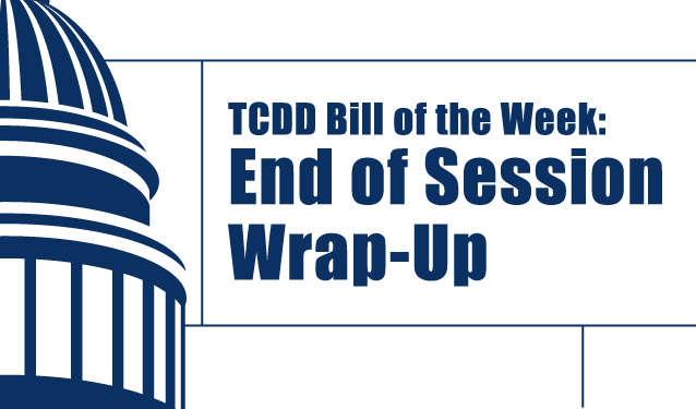 Bill of the week end of session wrap-up. Dark blue text banner over white background with capitol building on left.