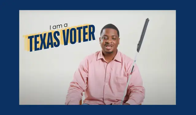 Photo of a man wearing a pink shirt. He is sitting down and holds a walking cane. Text next to him says I am a Texas Voter