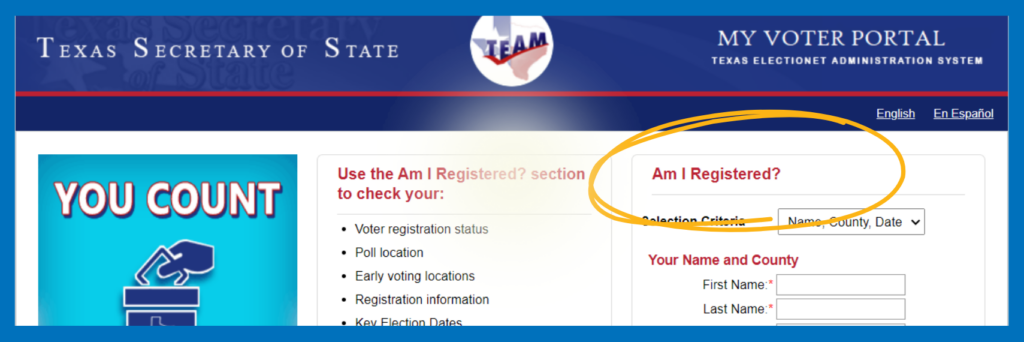 Screenshot of the My Voter Portal page. Graphics point out where the Am I Registered section is.