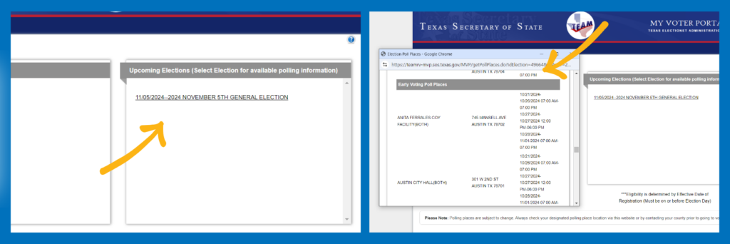 Screenshot of the My Voter Portal website. Graphics point out where to find a list of polling locations.