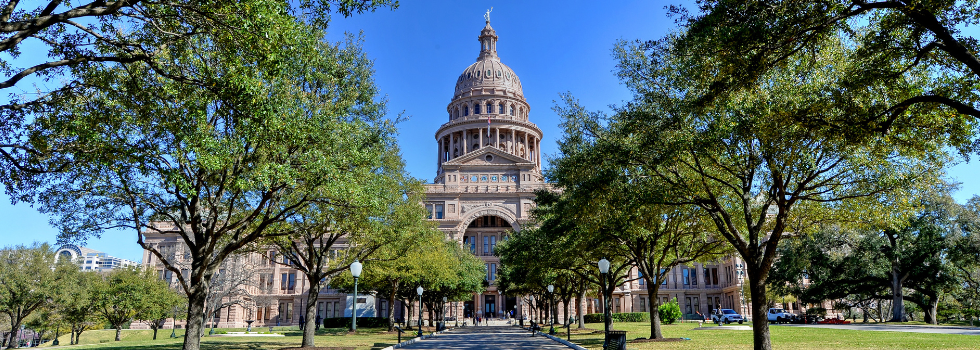 Ground-level view of the Texas State Capitol's south side