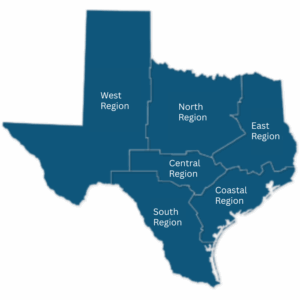 Blue graphic of Texas. The state is divided into regions: West, North, East, Central, South, and Coastal